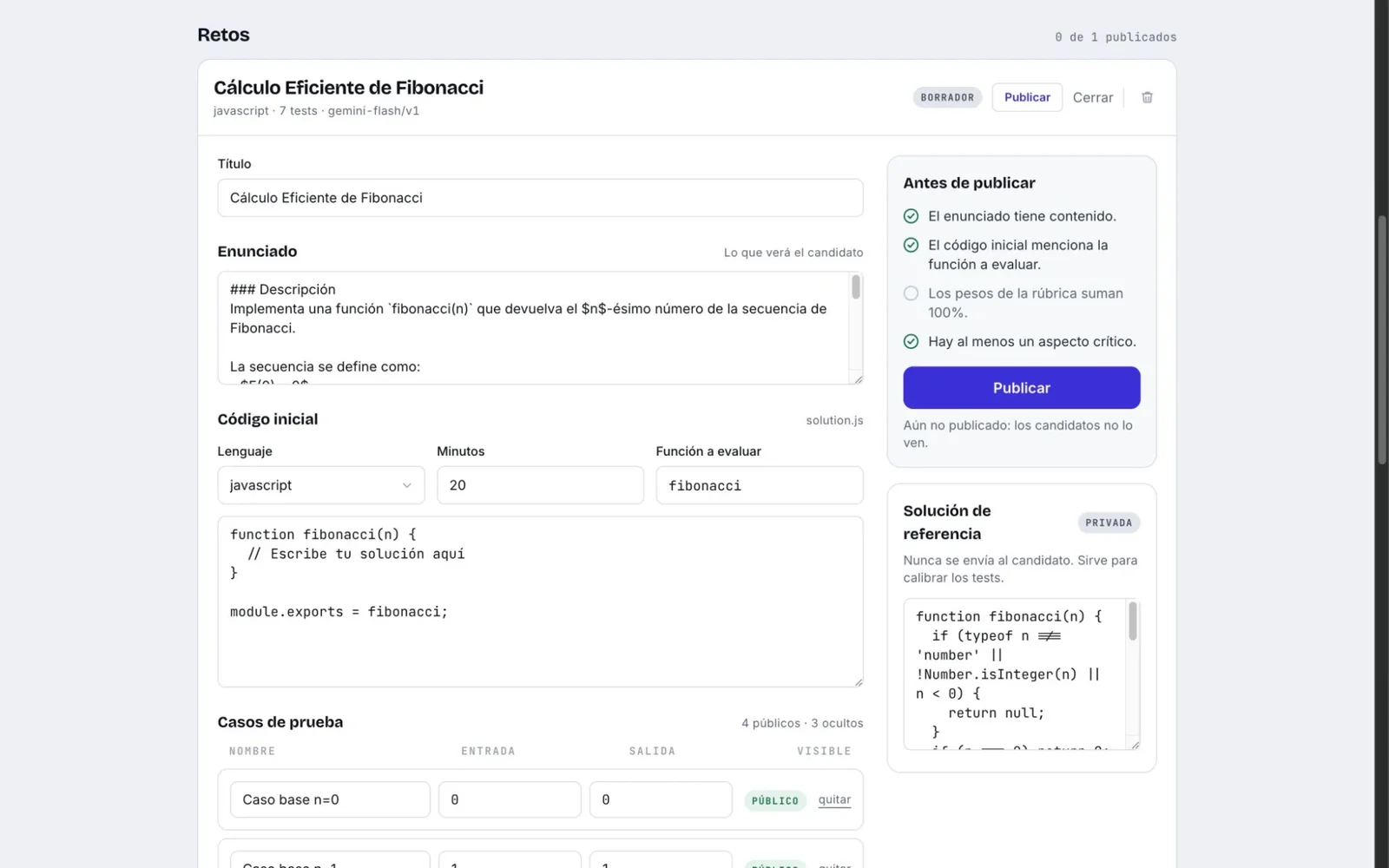 Editor de retos: enunciado, código inicial, casos de prueba y lista de comprobación antes de publicar.