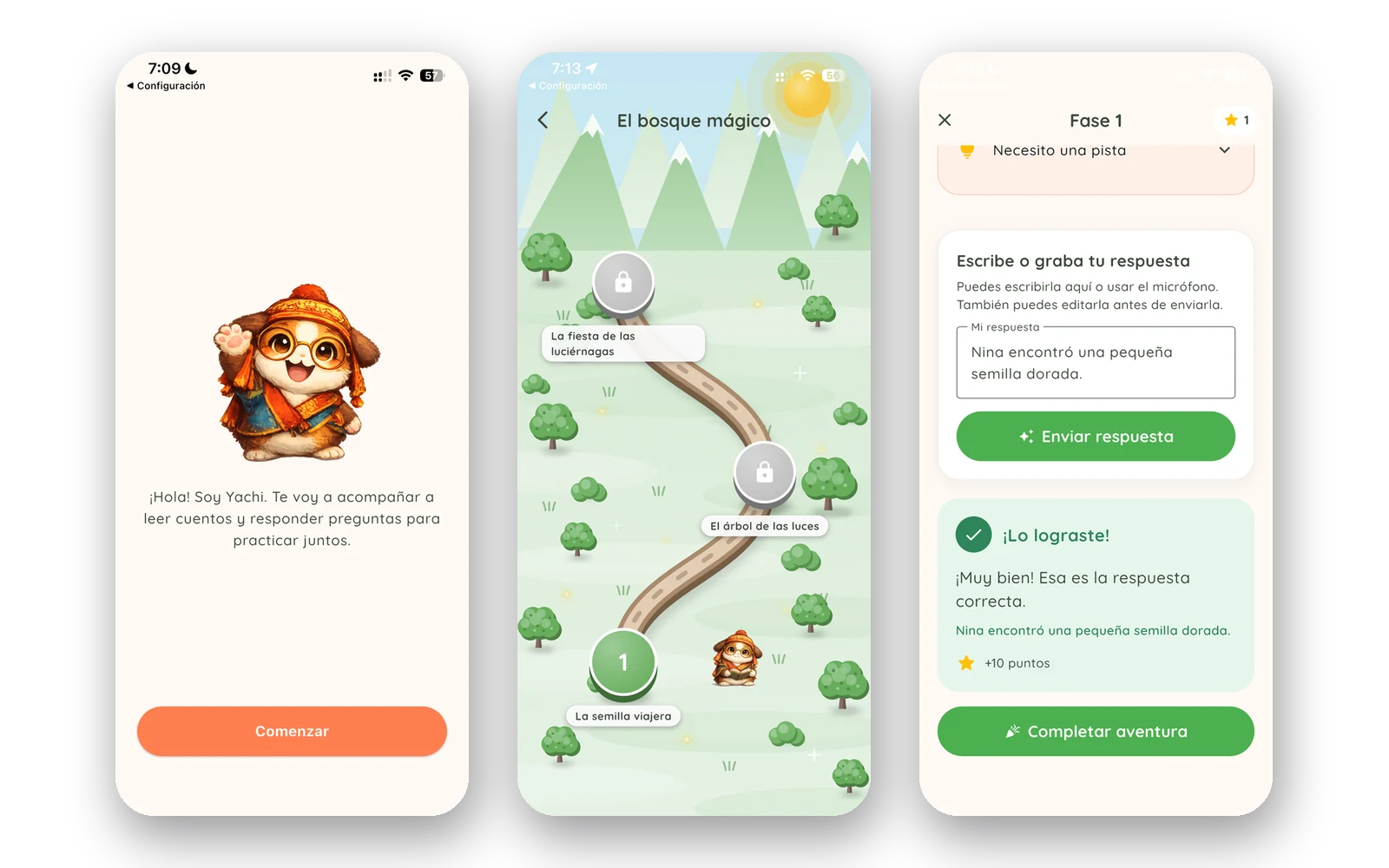 Tres pantallas de la app YachAI: la bienvenida con la mascota Yachi, el mapa de aventuras El bosque mágico y la evaluación de una respuesta correcta.